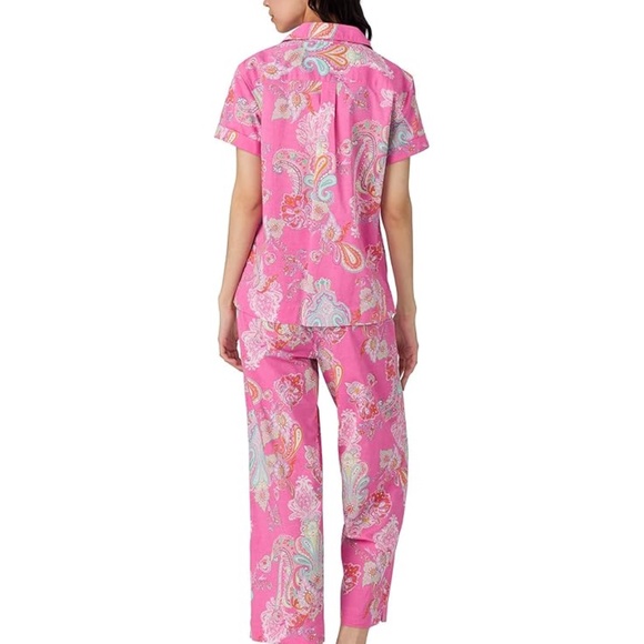 NWT Lauren Ralph Lauren Short Sleeve Notch Collar Cropped Pant Pajama Set - m - Picture 2 of 3